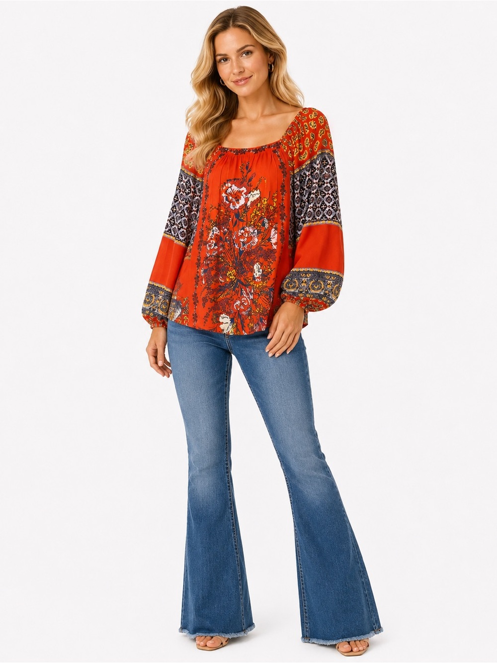 Free People Size XS Oversized Boho Floral Peasant Top Orange